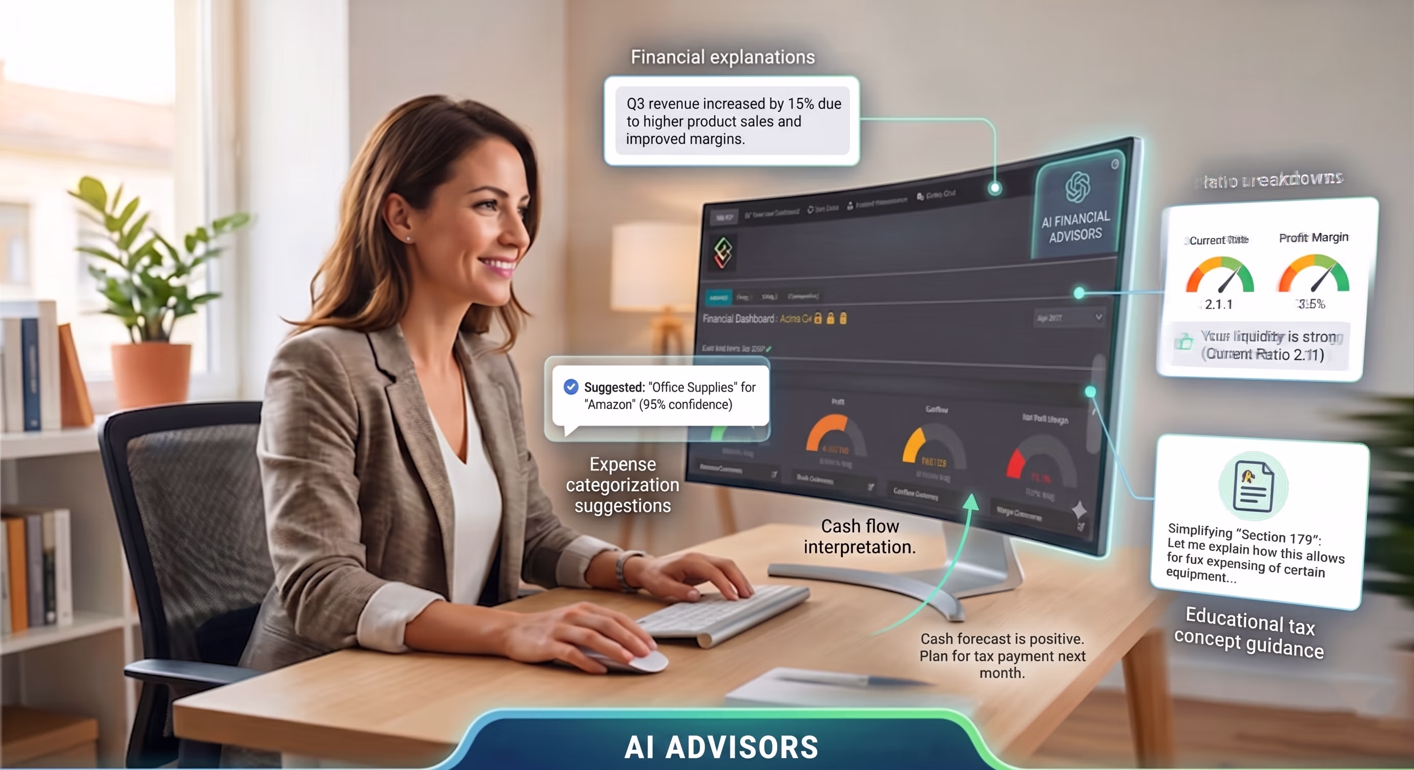 Dashboard view with AI advisor explanations and ratio insights