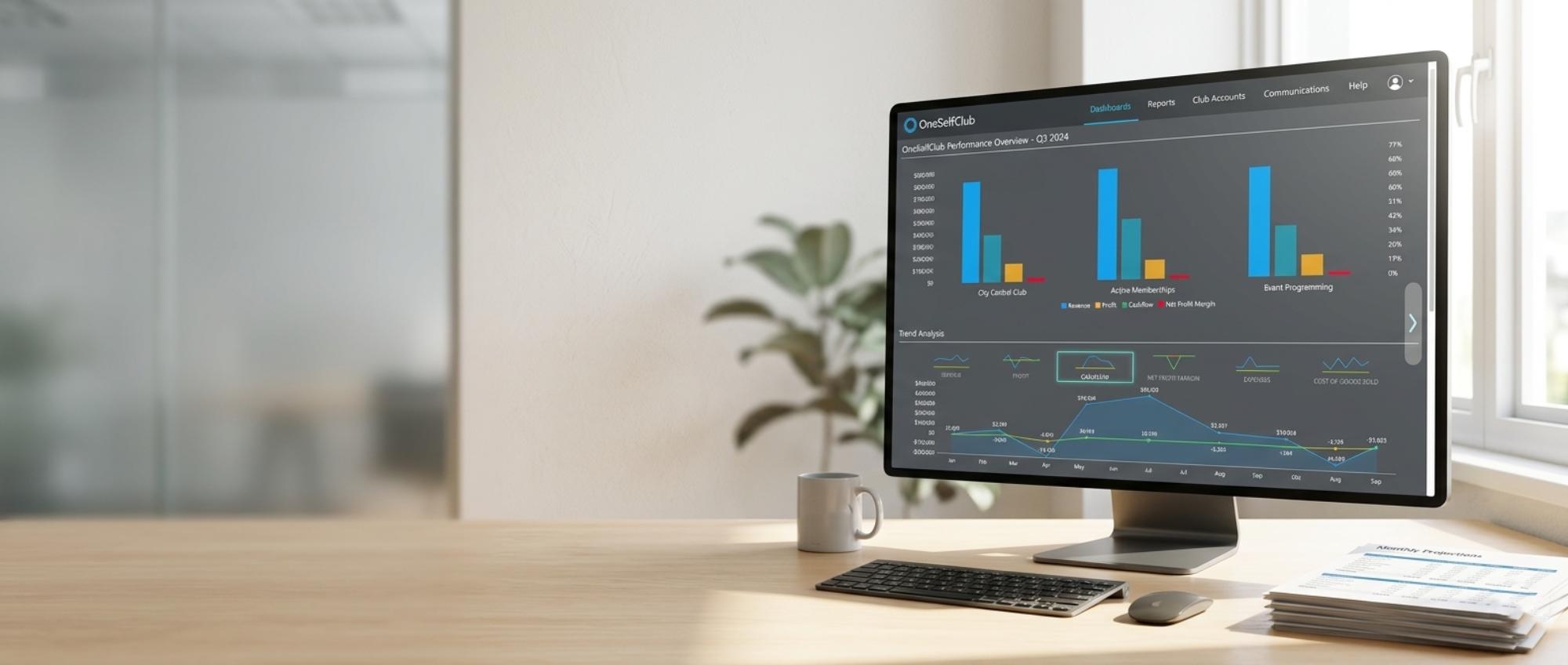 OneSelfClub dashboard on a monitor at a modern desk